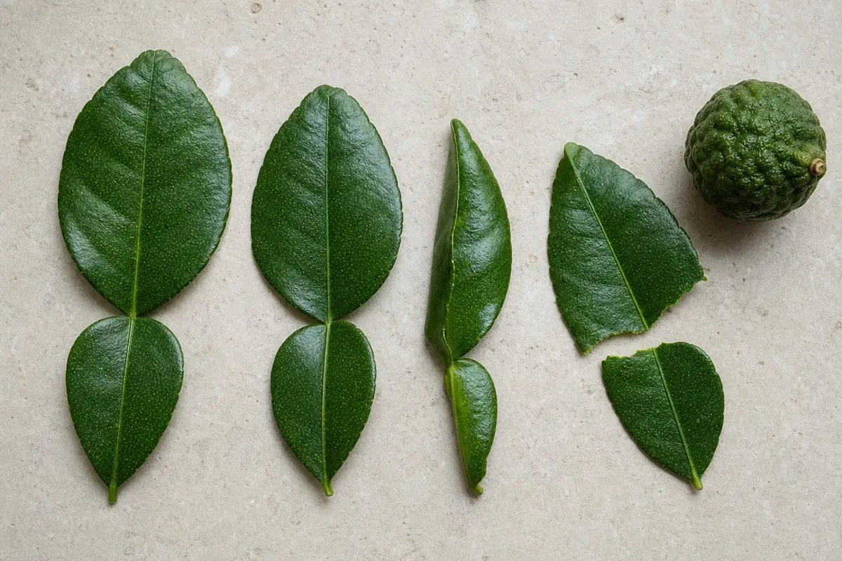 Glossy double makrut lime leaves beside a folded leaf, torn pieces, and a deeply dimpled fruit - identifying makrut lime leaves | KnowTheSpices