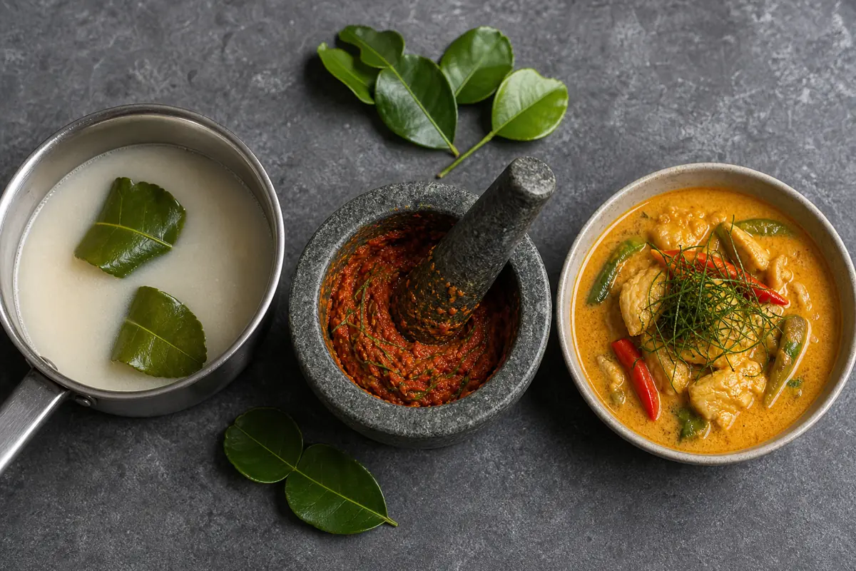 Torn makrut lime leaves in coconut broth, minced leaf in curry paste, and thin leaf shreds on finished curry - using makrut lime leaves | KnowTheSpices