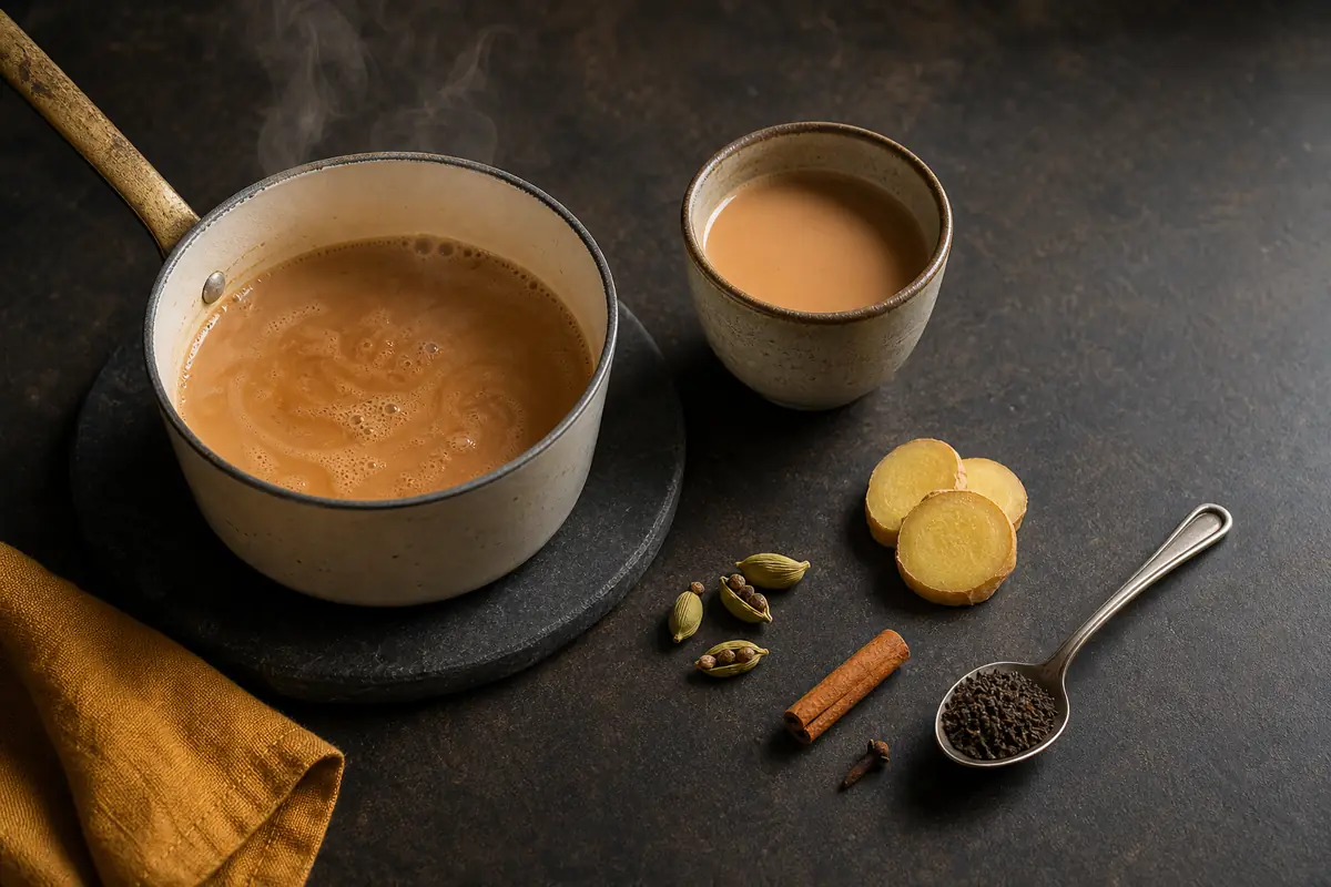 Bruised cardamom, ginger, cinnamon, and one clove beside a pot of milk tea - masala chai spices | KnowTheSpices