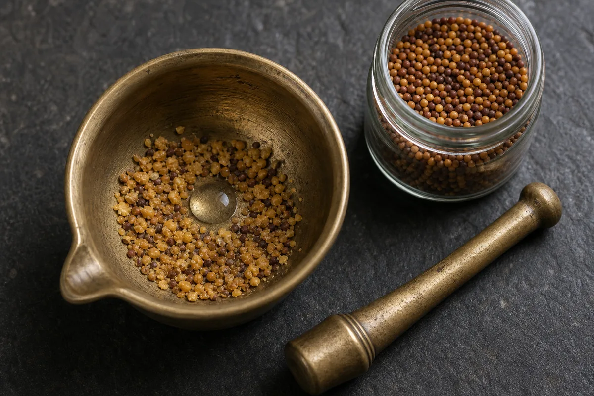 Mustard seeds crushed under a spoon beside an airtight jar and a small water drop for an aroma test - mustard seed freshness | KnowTheSpices