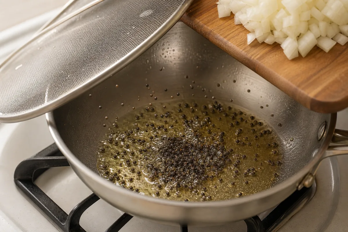Black mustard seeds actively popping in a small steel pan with onions ready to enter beside it - popping mustard seeds | KnowTheSpices