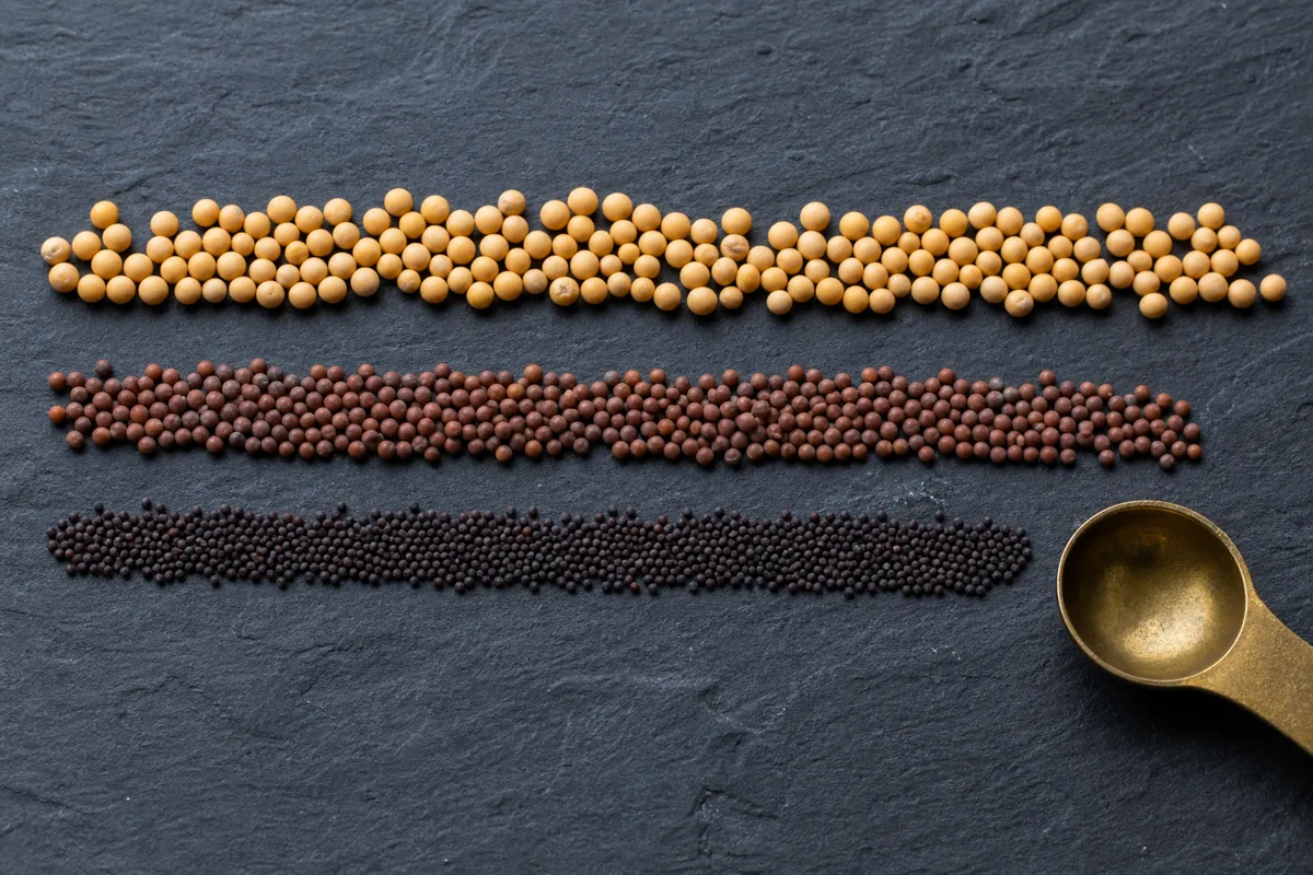 Yellow, brown, and black mustard seeds arranged in separate measured rows with visible size differences - mustard seed types | KnowTheSpices
