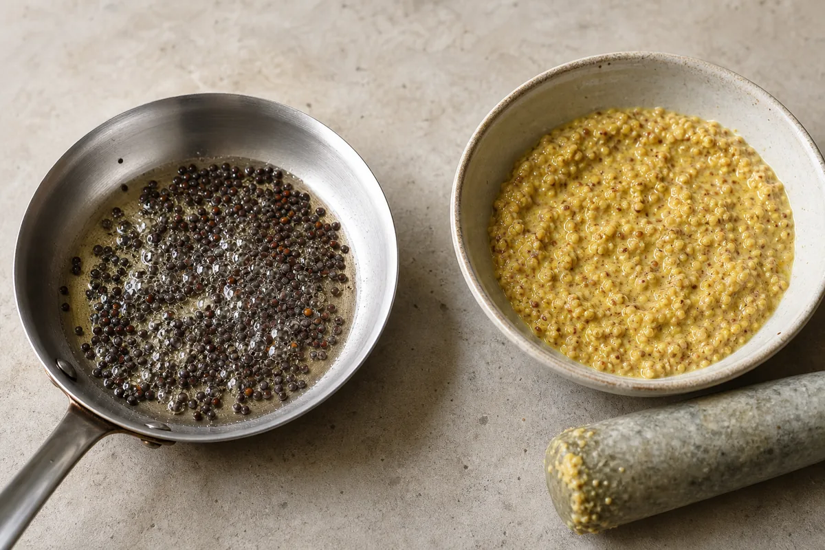 Whole black mustard seeds crackling in oil beside crushed yellow mustard hydrating in a small bowl - mustard seed flavor paths | KnowTheSpices