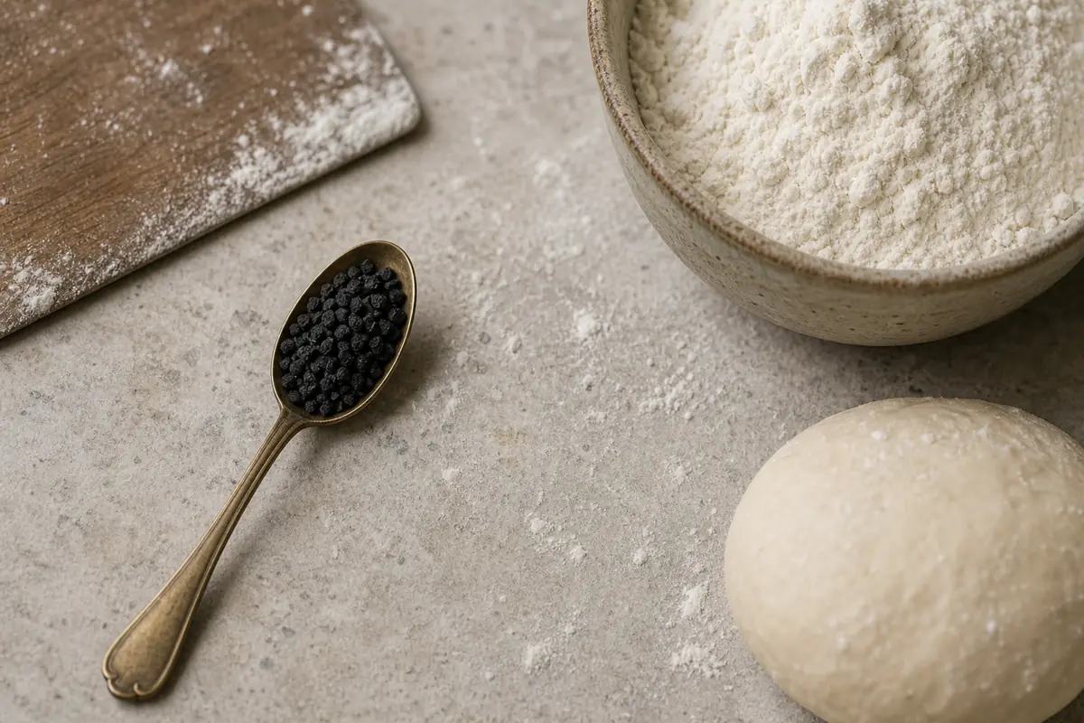 Level teaspoon of nigella seeds beside bread flour and a small dough - nigella seed bread amount | KnowTheSpices
