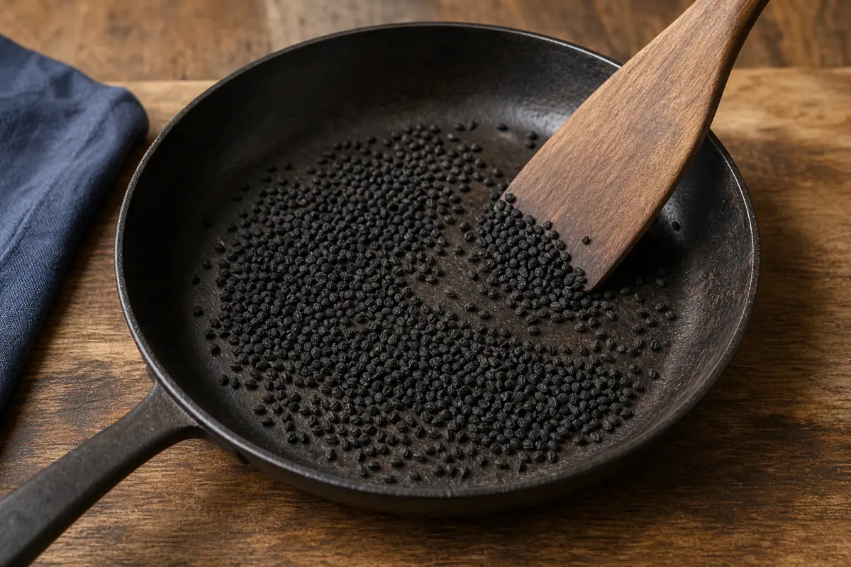 Nigella seeds in a thin layer inside a dark skillet with a wooden spatula - toasting nigella seeds | KnowTheSpices
