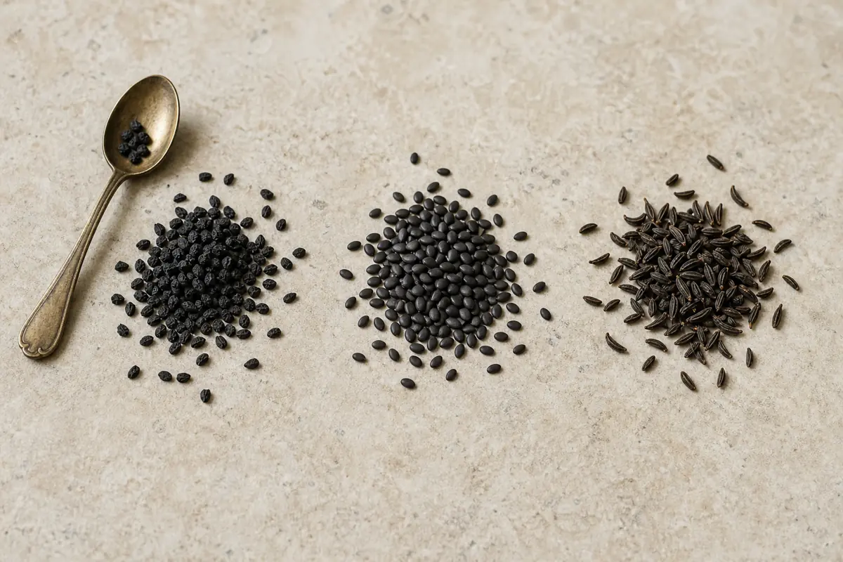 Nigella seeds beside black sesame and Persian black cumin with visible shape differences - identifying nigella seeds | KnowTheSpices