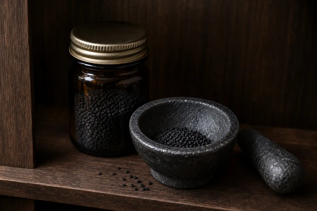 Whole nigella seeds in an amber jar beside a small mortar on a dark pantry shelf - storing nigella seeds | KnowTheSpices