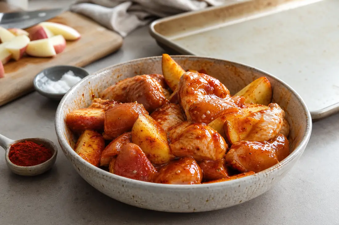 Paprika oil coating potatoes and chicken in a bowl before roasting with a sheet pan nearby