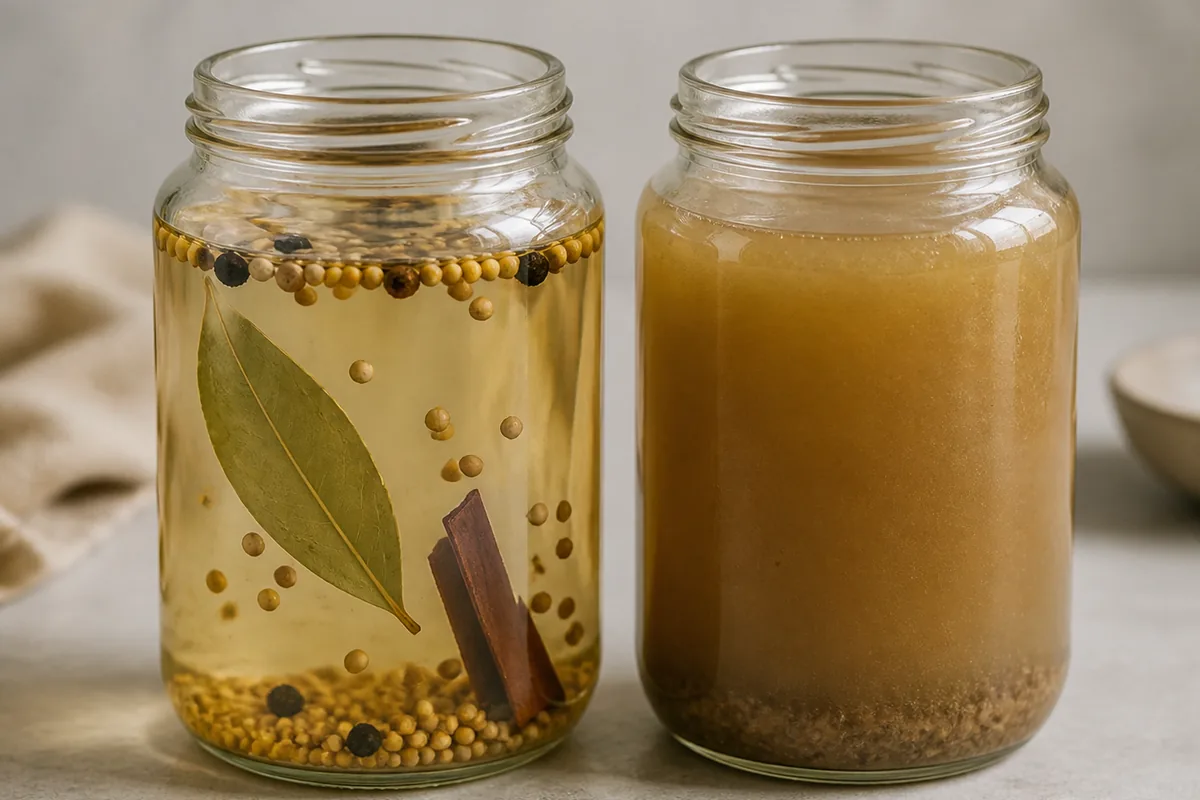 Two glass jars of brine side by side, one clear with whole spices visible and one clouded brown with sediment - why pickling spice stays whole | KnowTheSpices