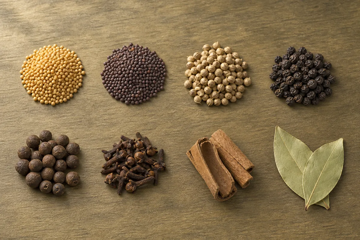 Eight separate heaps of whole pickling spices including mustard seed coriander peppercorns allspice cloves cinnamon bark and bay leaves - what is in pickling spice | KnowTheSpices