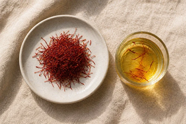 Saffron threads on a white plate beside golden saffron water