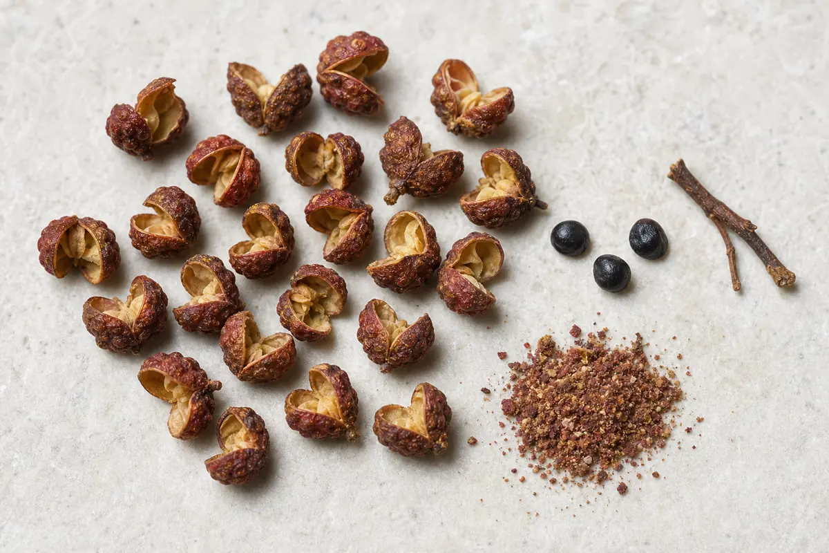 Open Sichuan peppercorn husks beside hard black seeds, stems, and ground husk powder - Sichuan peppercorn anatomy | KnowTheSpices