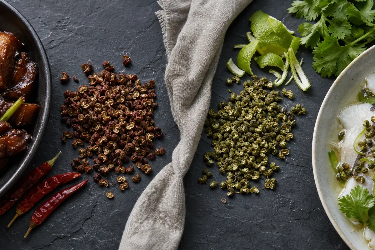 Separate piles of red and green Sichuan peppercorn husks beside braised food, fish, lime peel, and herbs - red versus green Sichuan peppercorn | KnowTheSpices