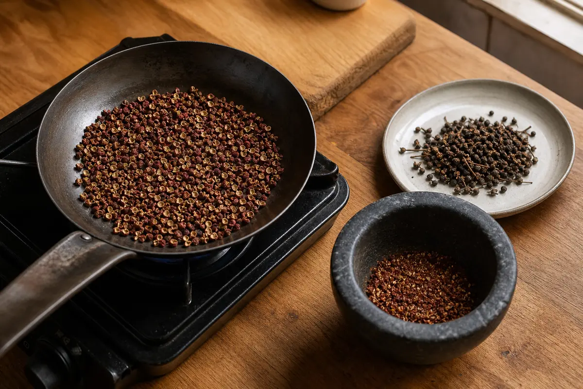 Sichuan peppercorn husks dry-toasting in a skillet beside discarded seeds and a mortar of ground spice - preparing Sichuan peppercorn | KnowTheSpices