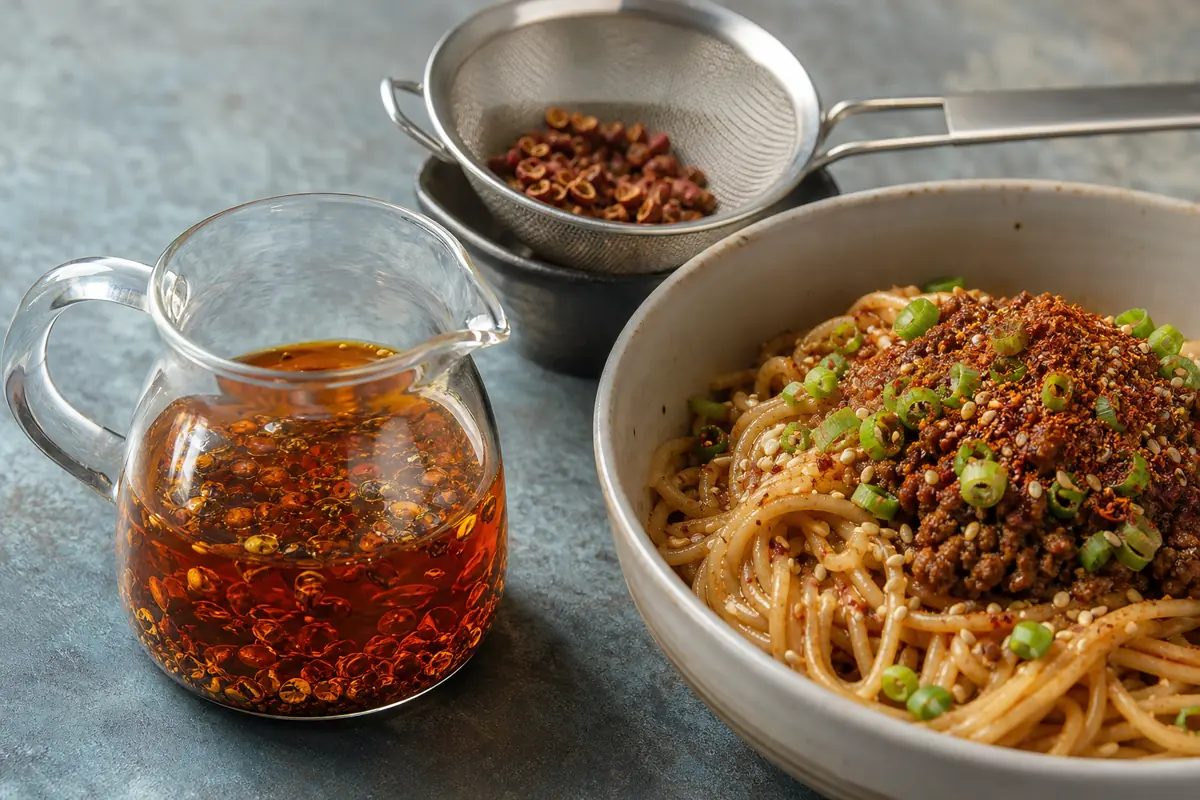 Sichuan peppercorn infused oil, strained whole husks, and ground peppercorn finishing a bowl of noodles - when to add Sichuan peppercorn | KnowTheSpices