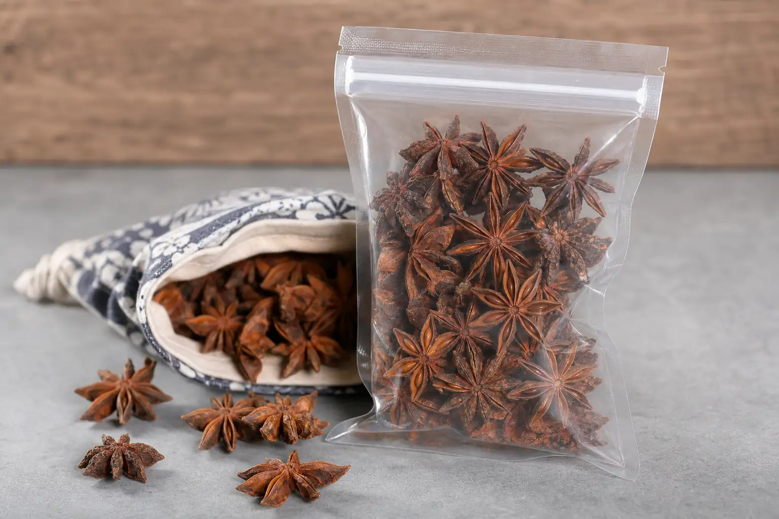 Food grade package labeled Illicium verum beside intact star anise pods and an unlabeled loose bag set aside