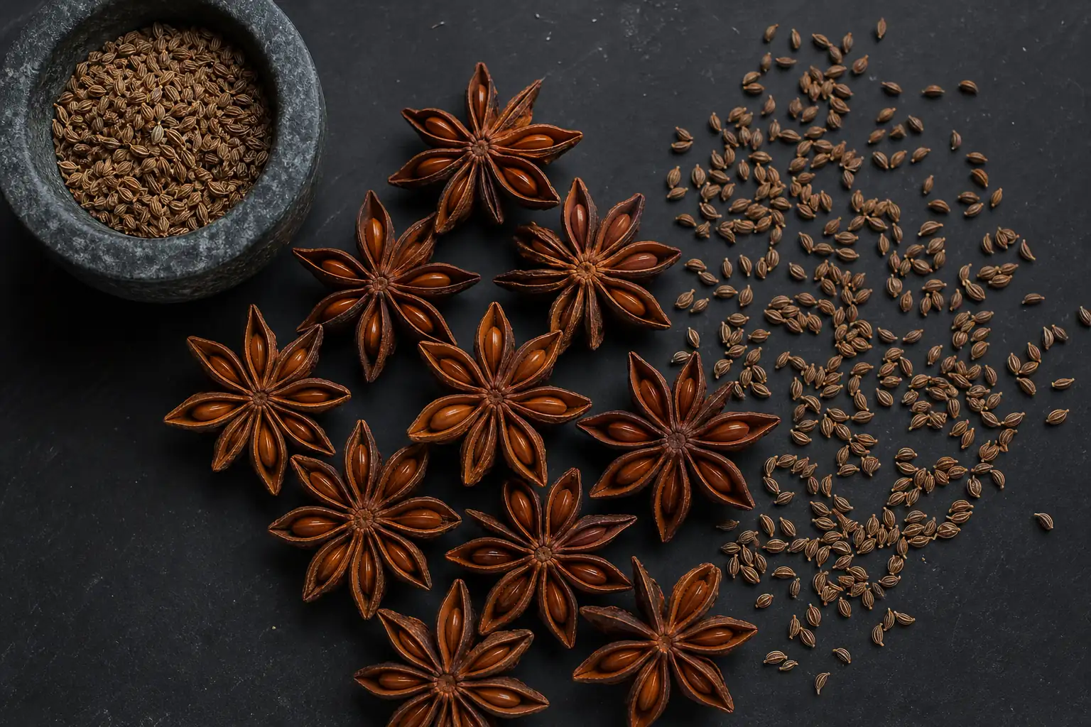 Whole Chinese star anise pods and seeds beside smaller ridged anise seeds on a dark board
