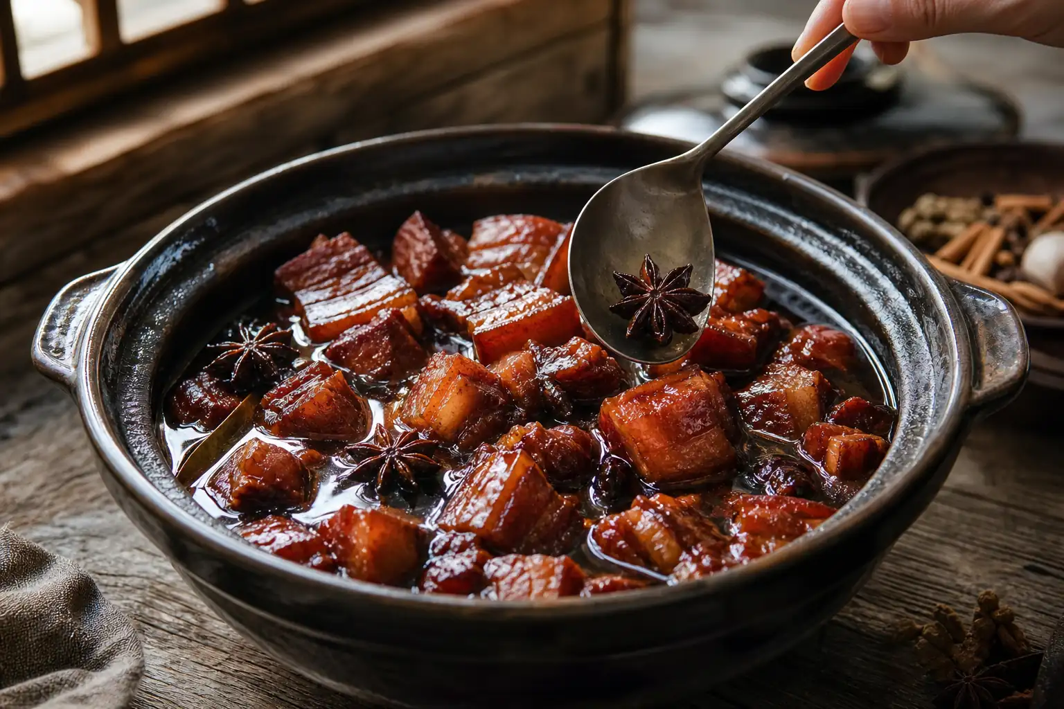Chinese red braised pork with one star anise pod being removed from glossy soy based sauce