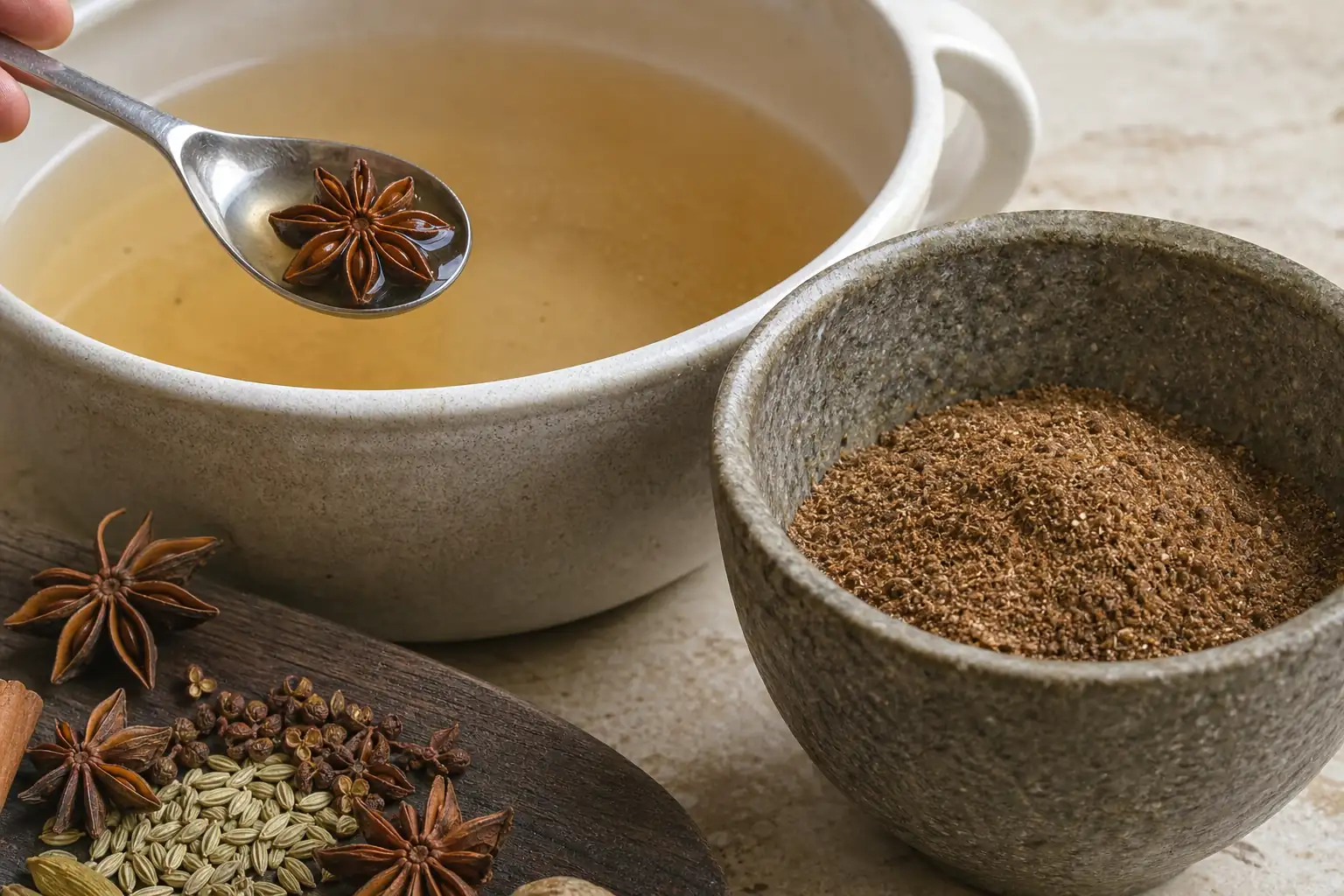 Whole star anise being removed from clear broth beside freshly ground star anise in a five spice mixture