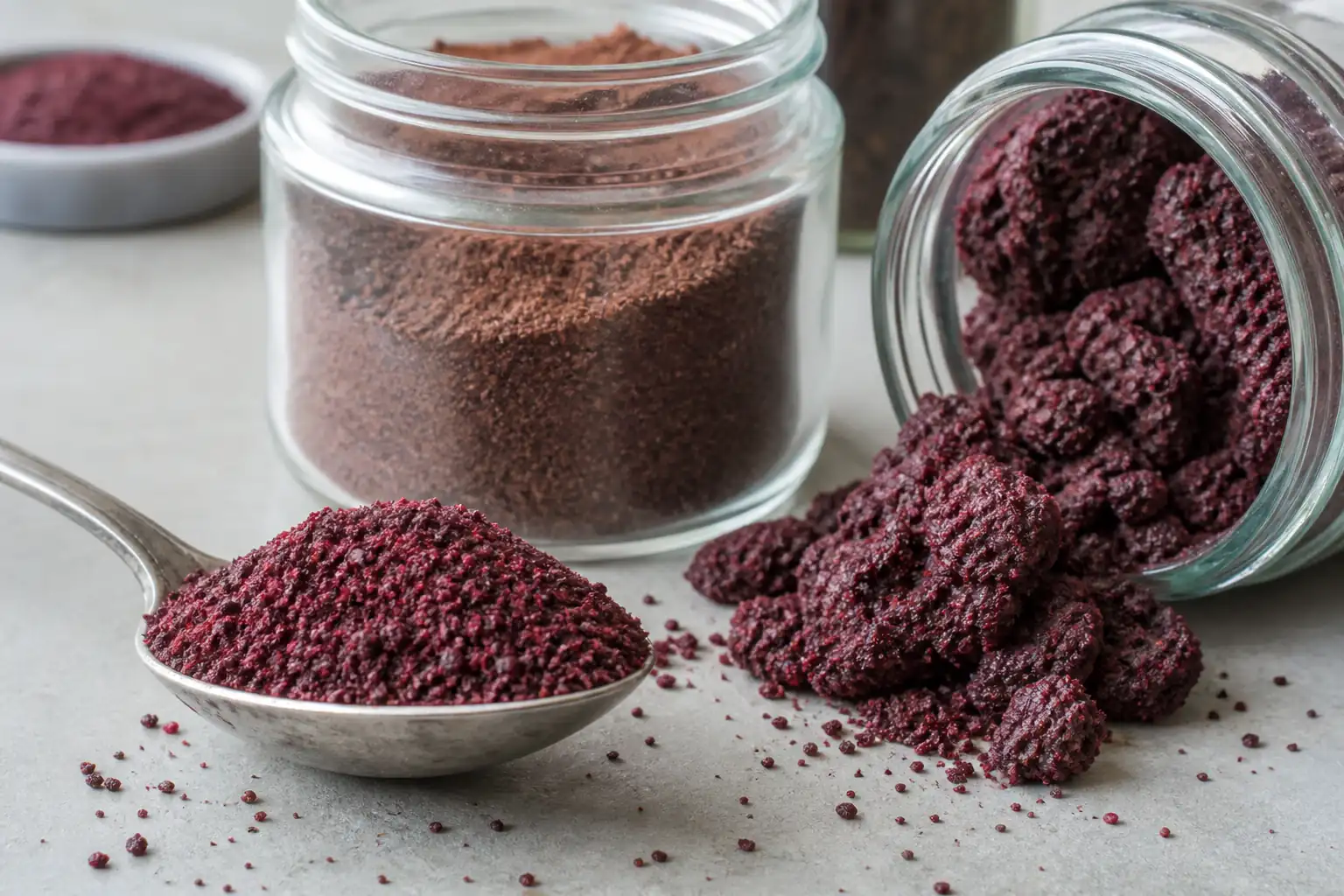 Fresh loose sumac beside dull stale powder and a moisture clumped jar with ingredient labels visible