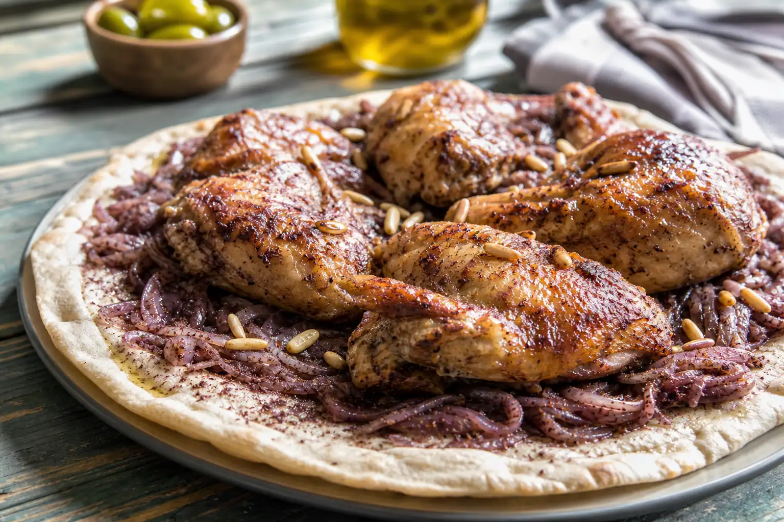Palestinian musakhan with sumac coated onions spread over flatbread beneath roasted chicken