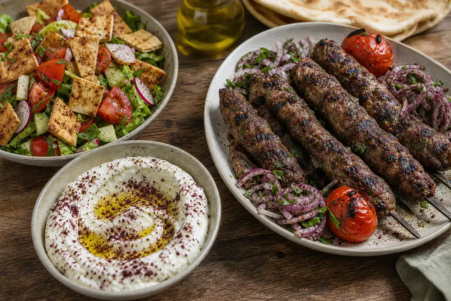 Fattoush salad, labneh with olive oil, and grilled kebabs with sumac onions arranged as three serving examples