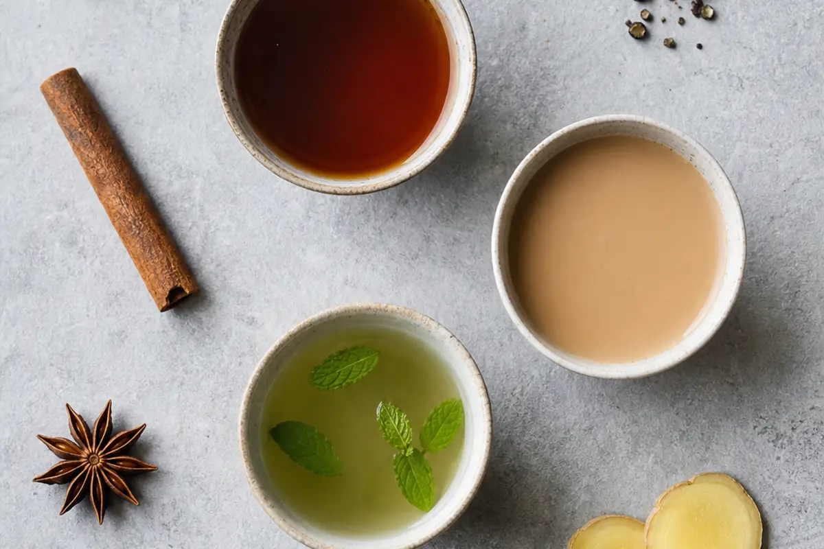 Black tea, milk tea, and mint tea surrounded by cardamom, ginger, cinnamon, clove, pepper, fennel, and star anise - spices for different teas | KnowTheSpices