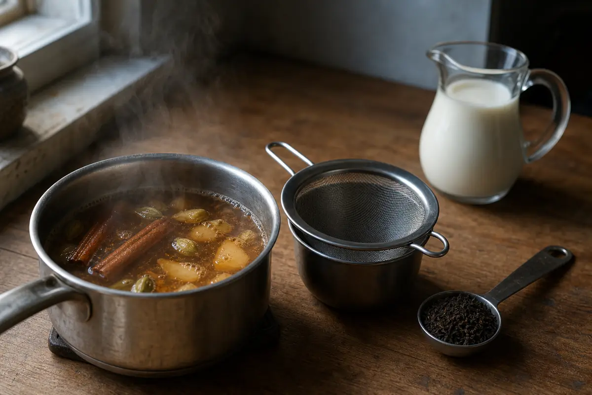 Whole spices simmering before black tea and milk are added to a small saucepan - brewing spices for tea | KnowTheSpices