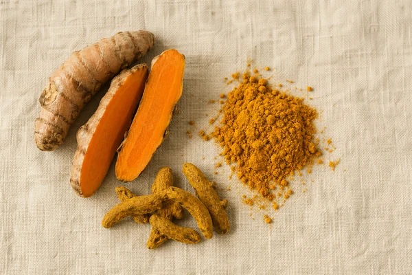 Fresh turmeric root and ground turmeric powder on warm linen