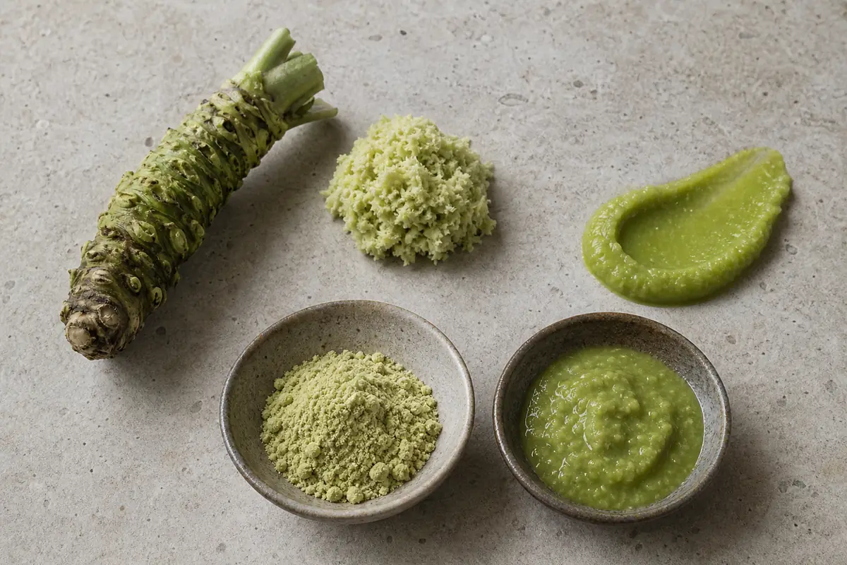 Fresh wasabi rhizome, pale grated wasabi, tube-style paste, and mixed powder paste shown as distinct forms - wasabi products | KnowTheSpices
