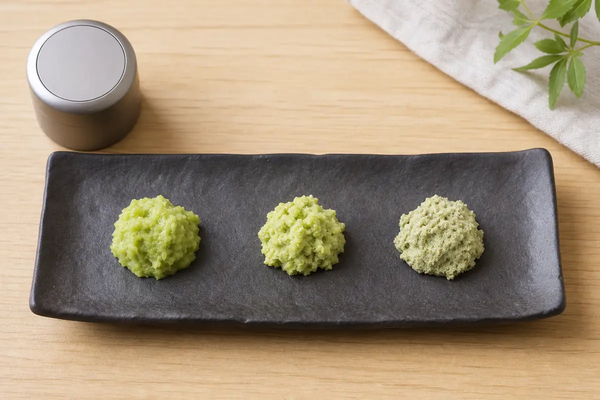 Three small pale green wasabi portions showing freshly grated, resting, and faded surface texture - wasabi freshness timing | KnowTheSpices
