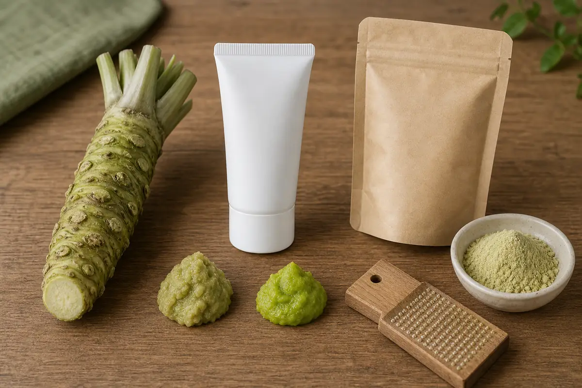 Fresh wasabi rhizome beside plain unbranded tube and powder forms with ingredient cues - checking wasabi products | KnowTheSpices