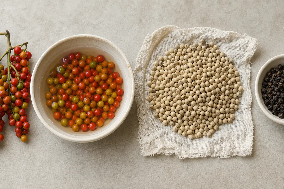 Ripe pepper berries, soaked berries, pale white peppercorns, and black peppercorns shown in processing order - making white pepper | KnowTheSpices