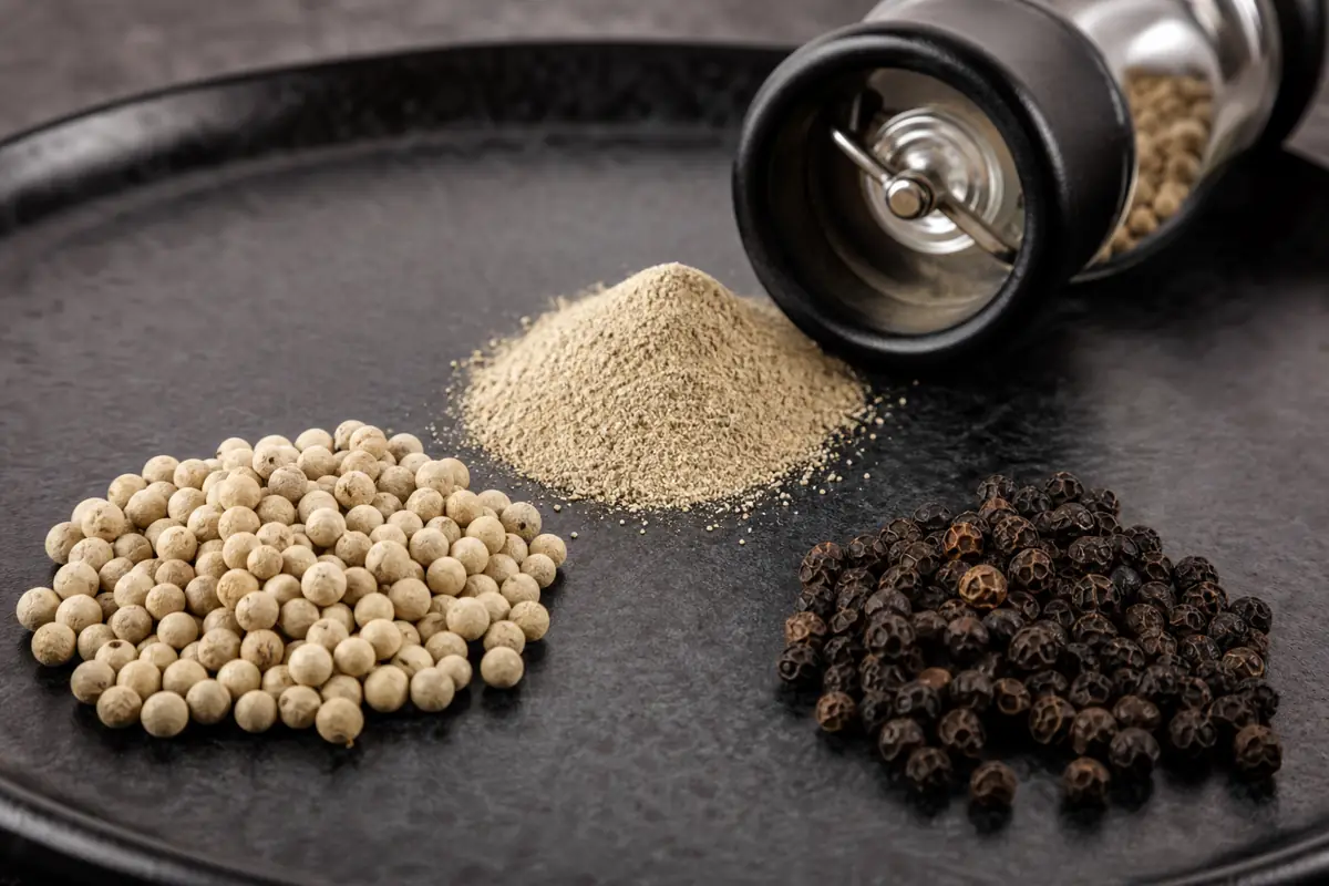 Whole white peppercorns, freshly ground white pepper, and black pepper arranged for a sensory comparison - white pepper flavor | KnowTheSpices