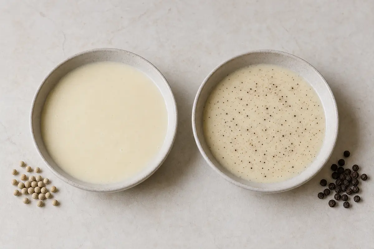 Two bowls of pale cream sauce seasoned with white pepper and black pepper for a substitution comparison - replacing white pepper | KnowTheSpices