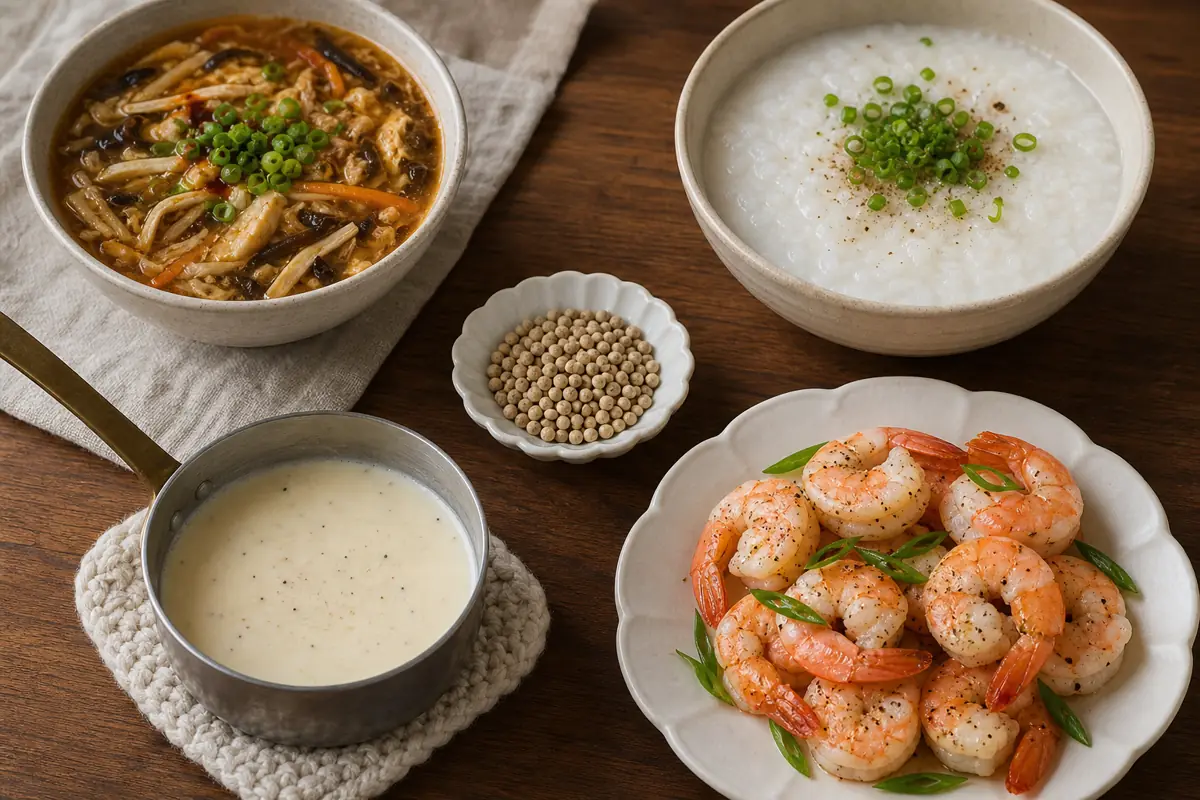 Hot and sour soup, congee, pale cream sauce, and seasoned shrimp shown with white pepper - white pepper uses | KnowTheSpices