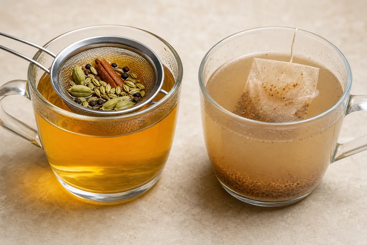 Clear tea with bruised cardamom and cinnamon beside cloudy tea made with ground spices - whole versus ground tea spices | KnowTheSpices
