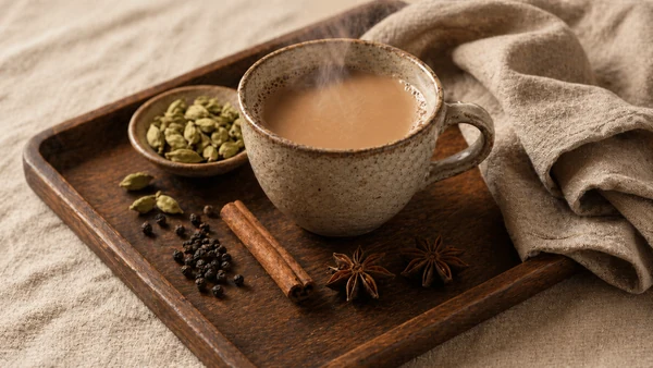 Steaming chai with cardamom, cinnamon, star anise, and black pepper on a wooden tray