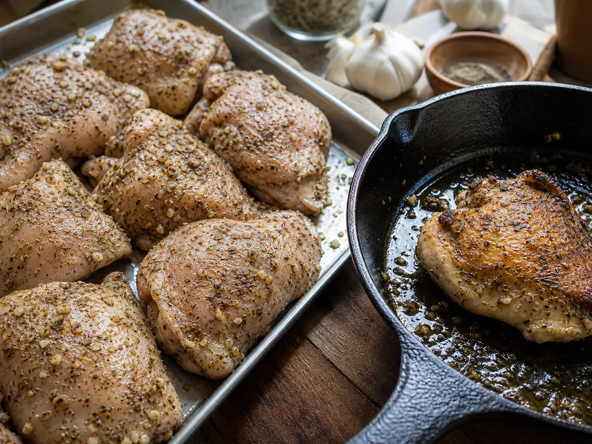Adobo-seasoned chicken resting before browning in a dry skillet
