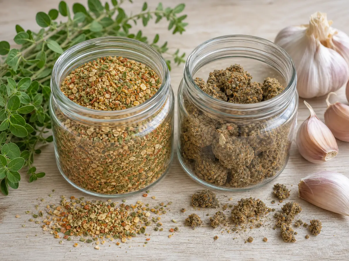 Fresh loose adobo seasoning compared with a dull clumped old sample