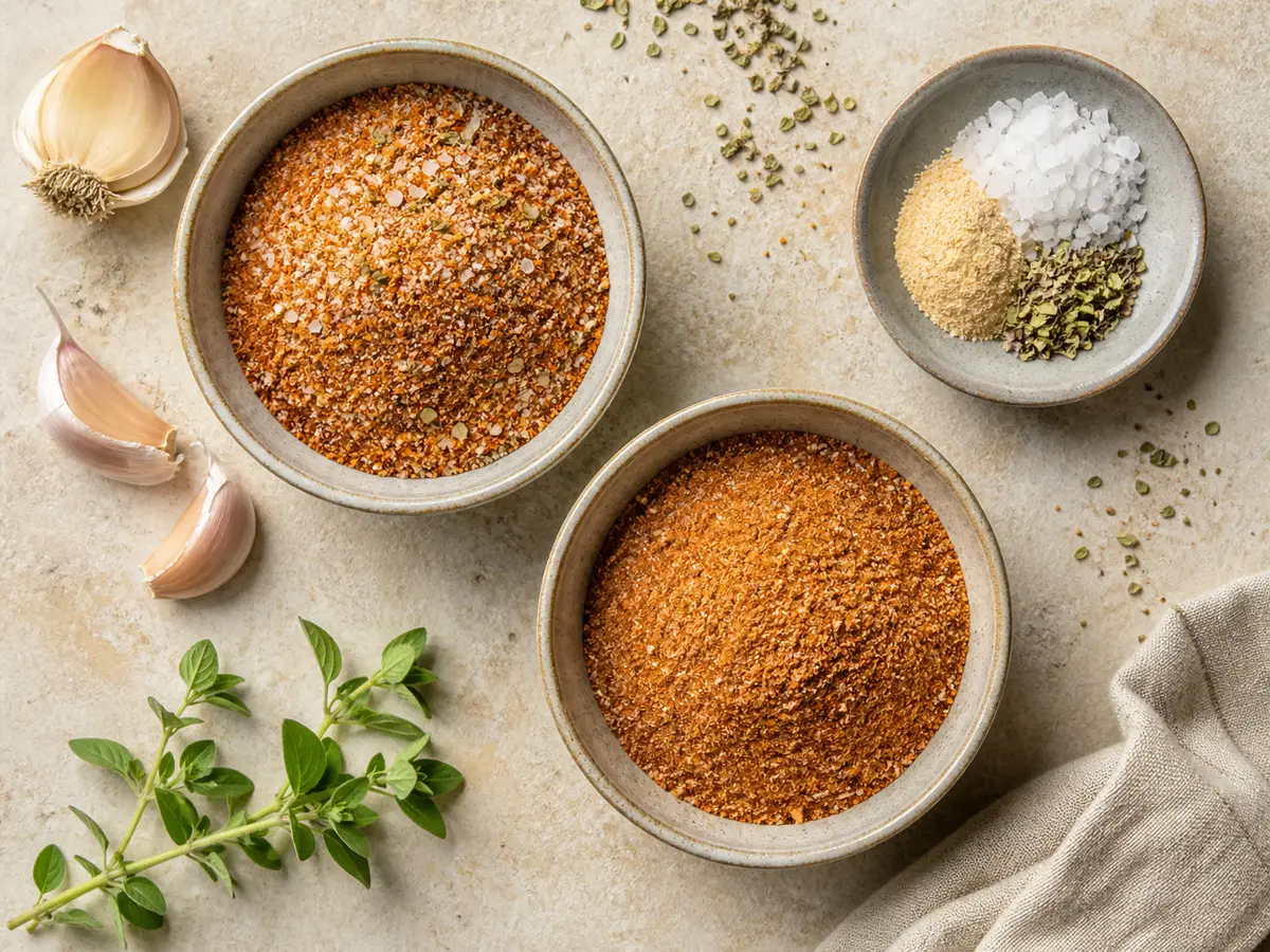 Salted and salt-free adobo seasoning portions beside separately measured salt