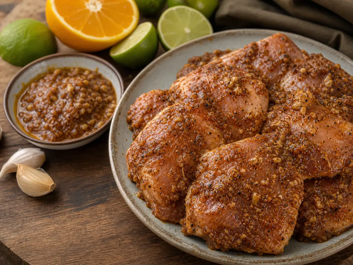 Garlic citrus adobo paste clinging to pork pieces before roasting