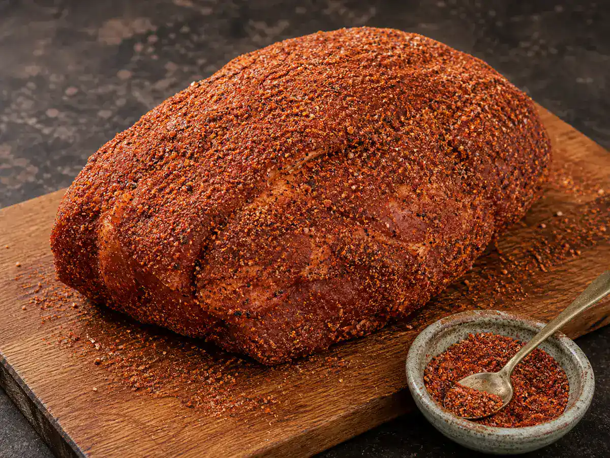 Even BBQ rub coating pressed onto meat with a dry tacky surface