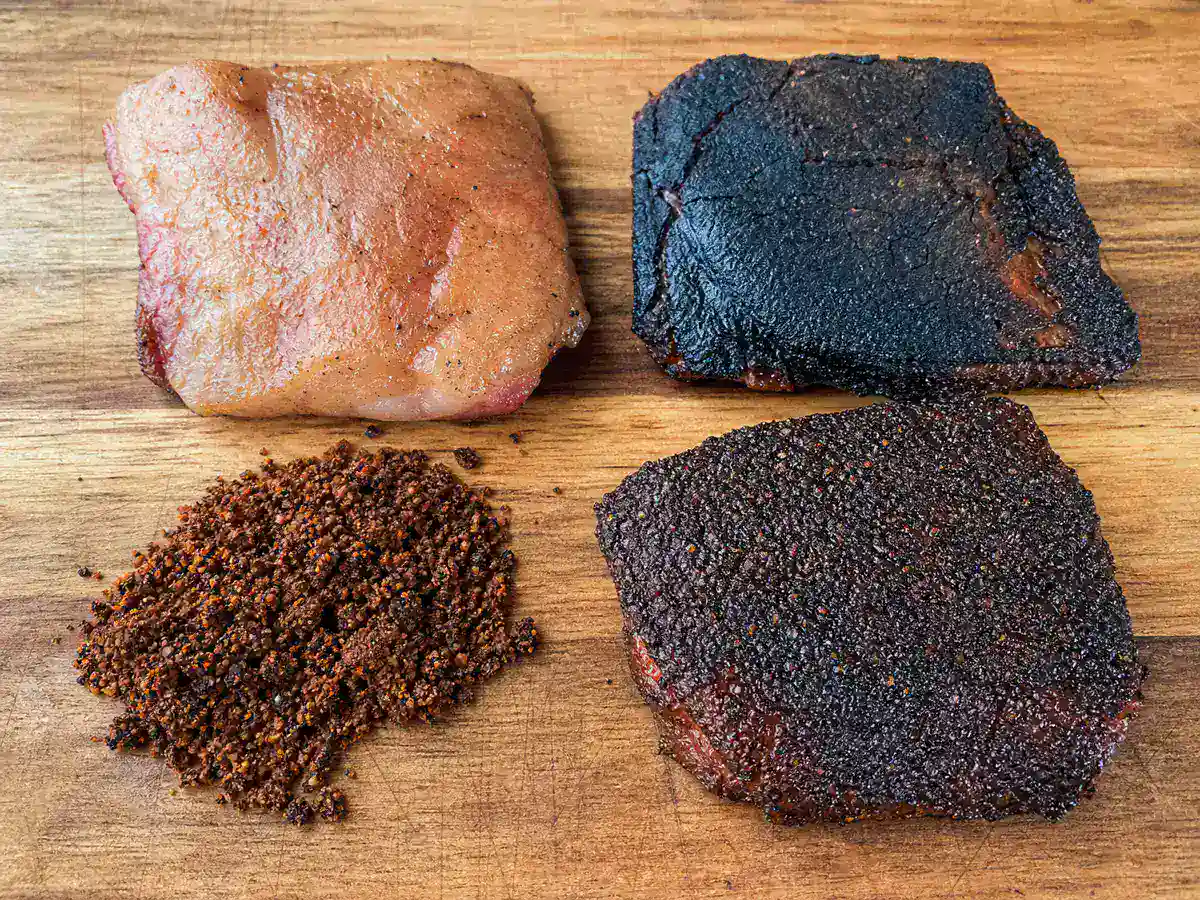 Soft bitter dusty and properly set BBQ bark samples compared on smoked meat