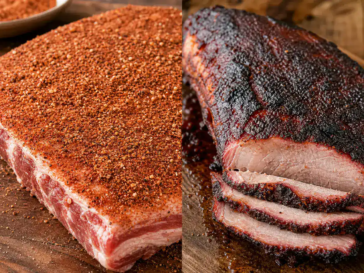 Seasoned pork surface before smoking beside a finished dark bark
