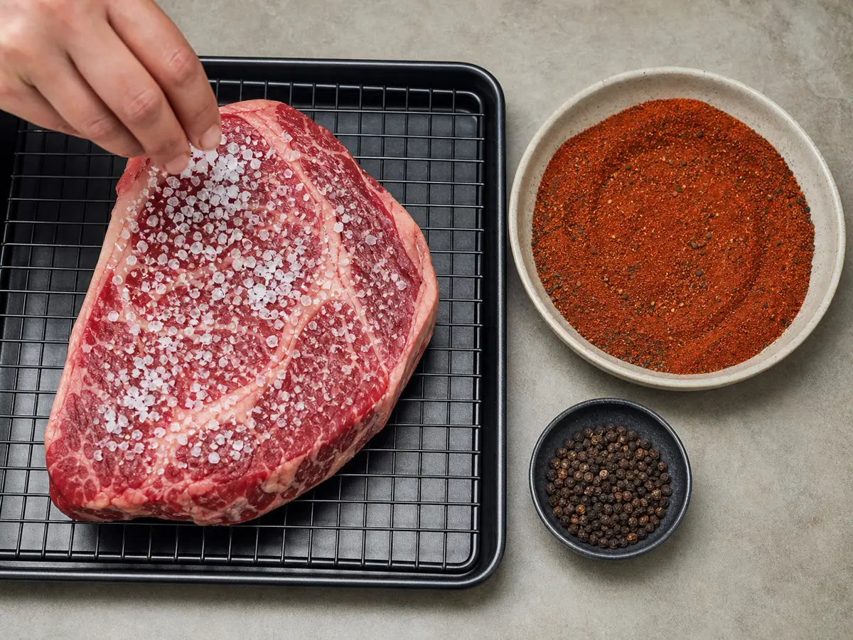 Salt applied to meat before a separate salt-free BBQ spice rub