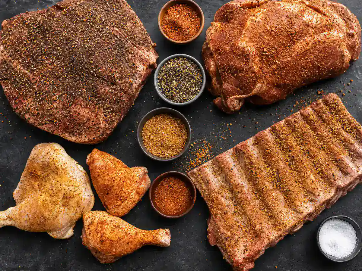 Brisket ribs pork shoulder and chicken portions with different BBQ rub textures