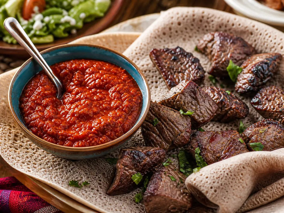 Red awaze sauce beside grilled meat with berbere and a small spoon