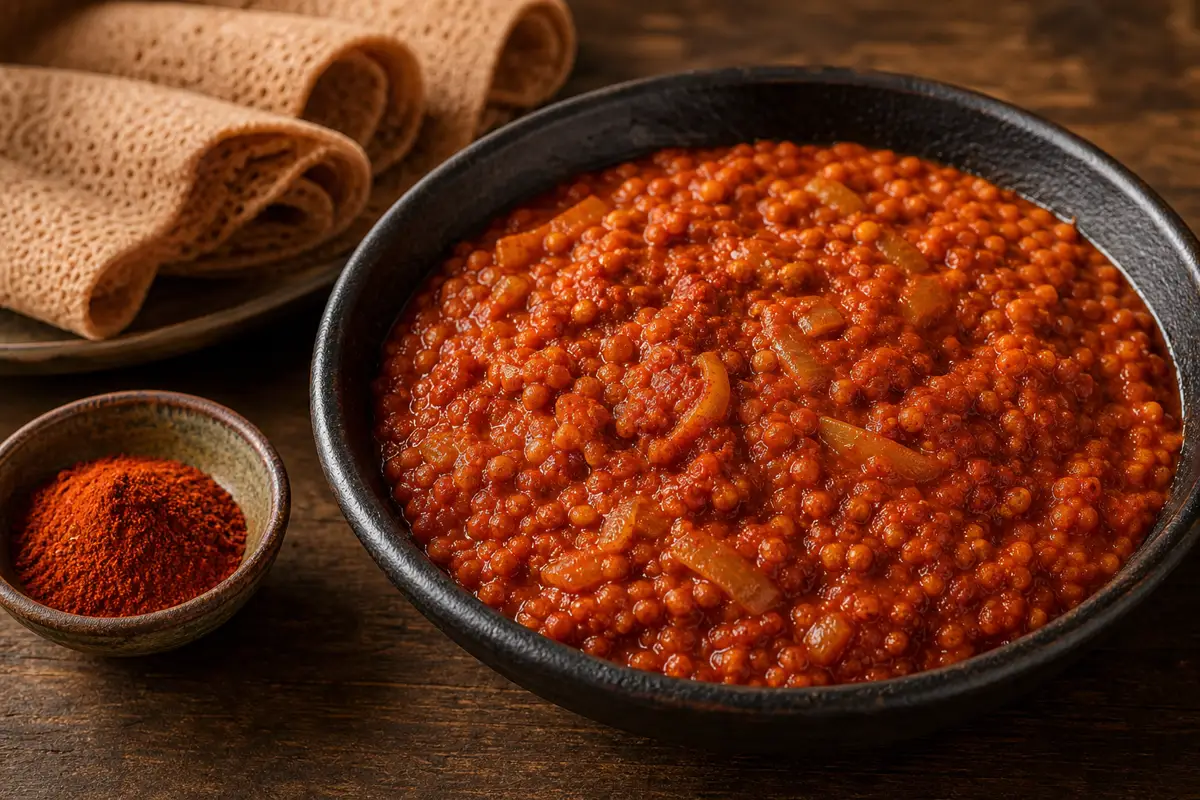 Deep red berbere beside an Ethiopian lentil stew with softened onions