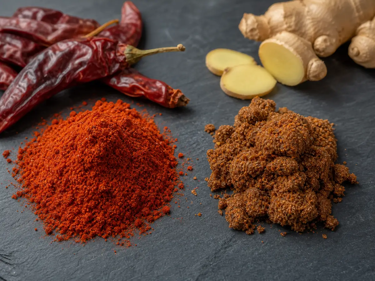Fresh aromatic berbere compared with a faded clumped older blend